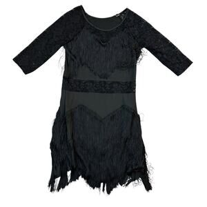 Black Lace & Fringe Mini Pullover Dress Womens Large Goth Western Dance Cosplay